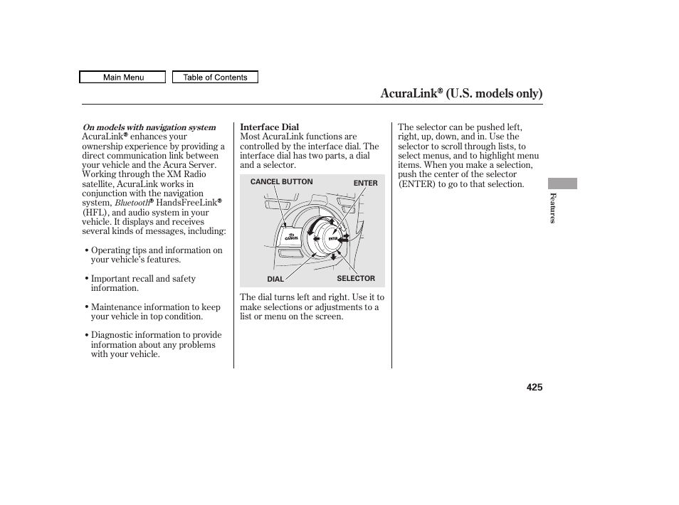 Acuralink (u.s. models only) | Acura 2010 TL User Manual | Page 428 / 612