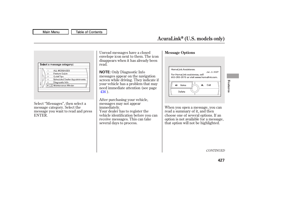 Acuralink (u.s. models only) | Acura 2010 TL User Manual | Page 430 / 612