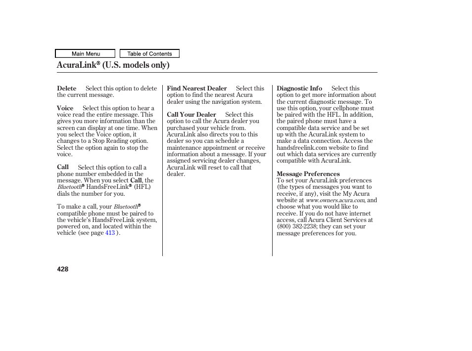 Acuralink (u.s. models only) | Acura 2010 TL User Manual | Page 431 / 612