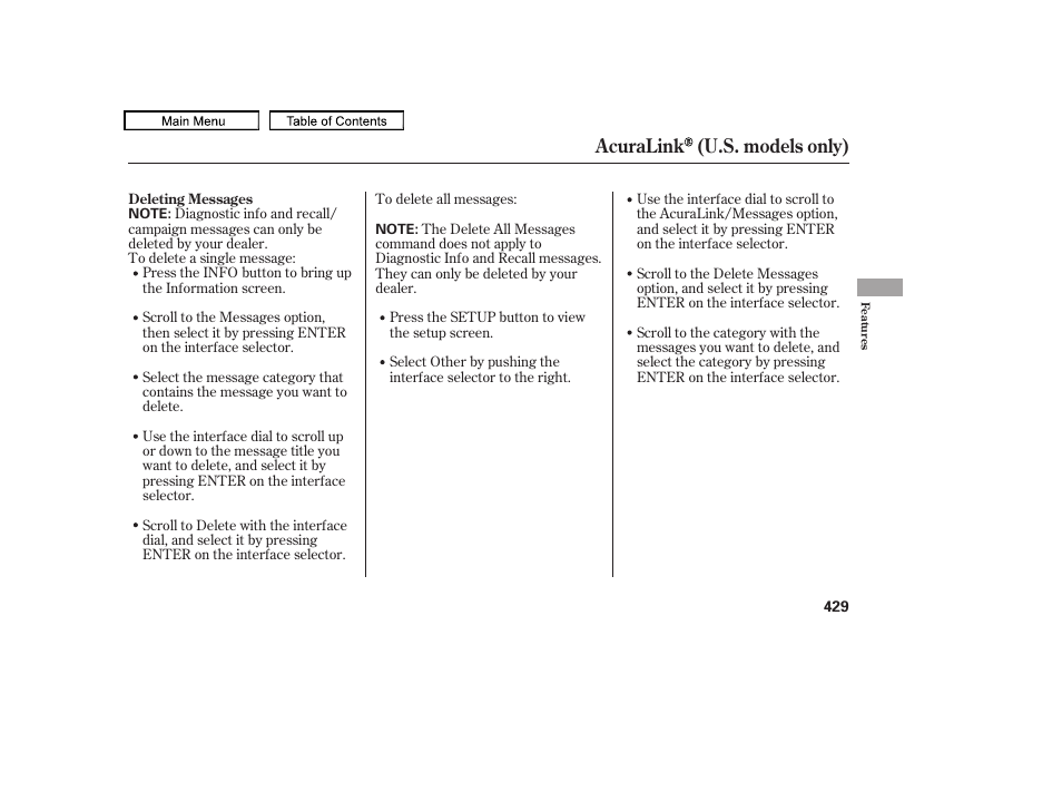 Acuralink (u.s. models only) | Acura 2010 TL User Manual | Page 432 / 612