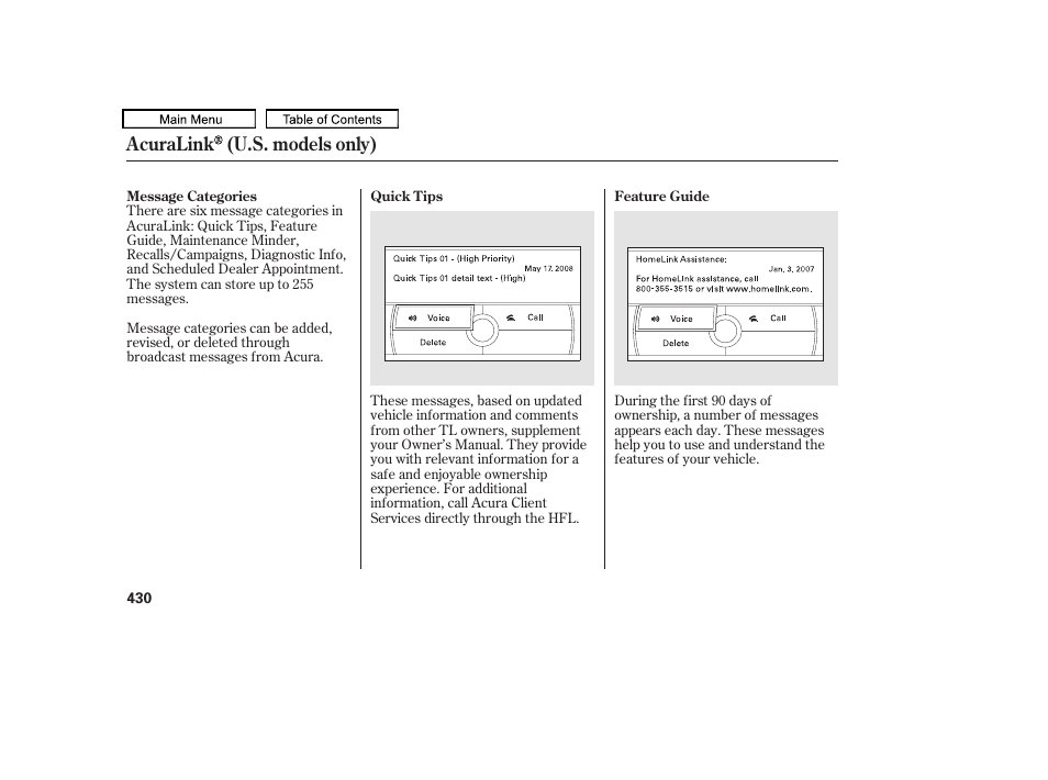 Acuralink (u.s. models only) | Acura 2010 TL User Manual | Page 433 / 612