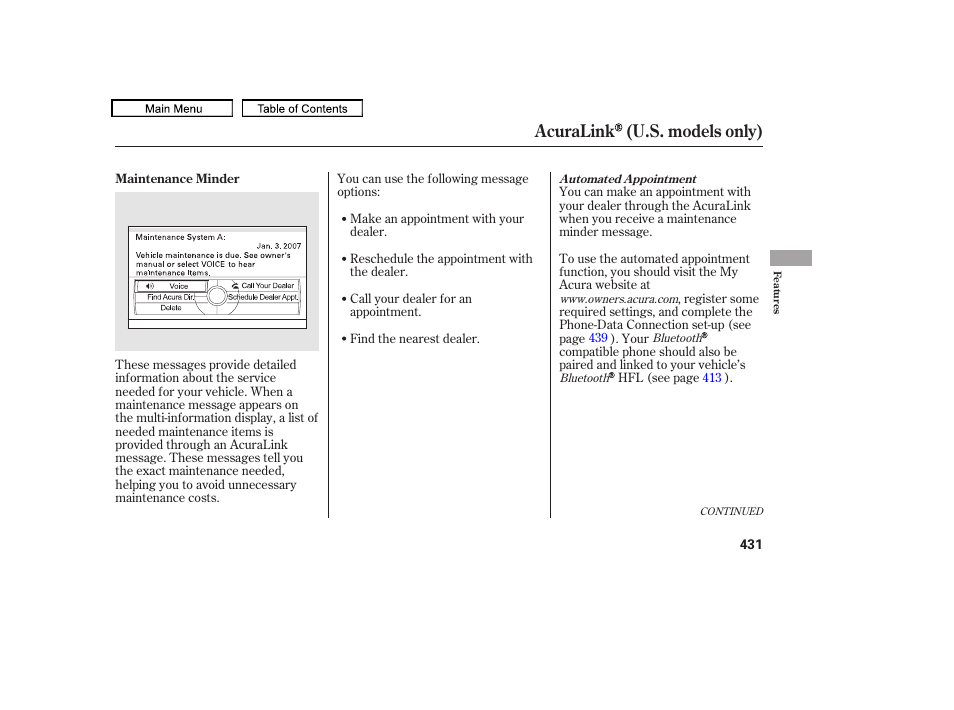 Acuralink (u.s. models only) | Acura 2010 TL User Manual | Page 434 / 612
