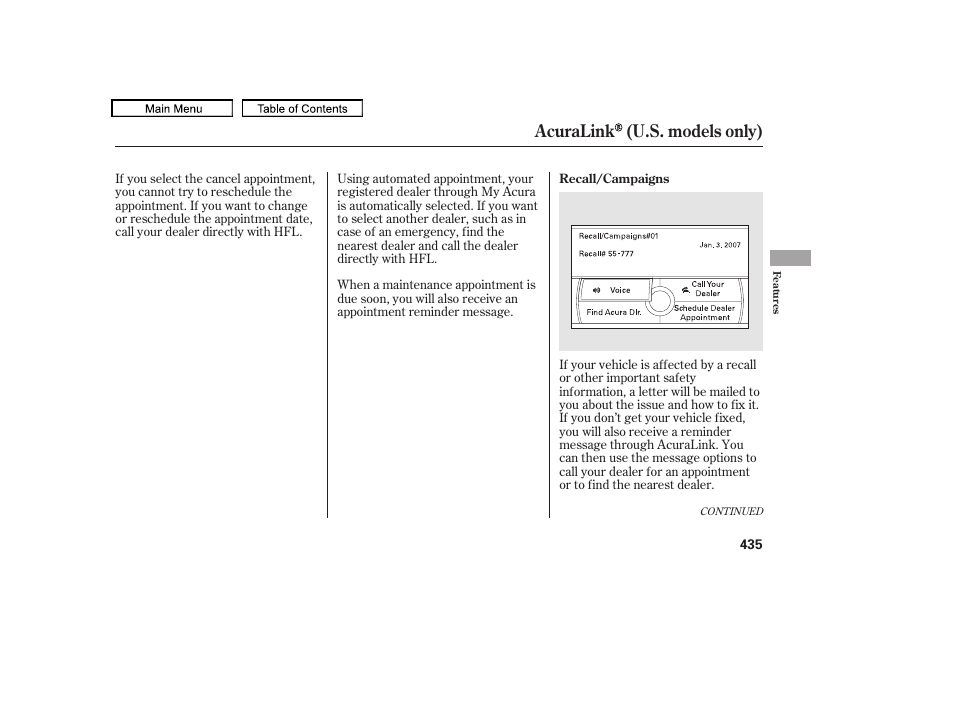 Acuralink (u.s. models only) | Acura 2010 TL User Manual | Page 438 / 612
