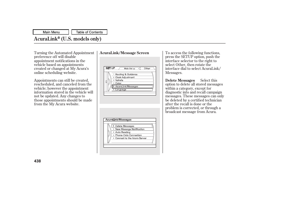Acuralink (u.s. models only) | Acura 2010 TL User Manual | Page 441 / 612