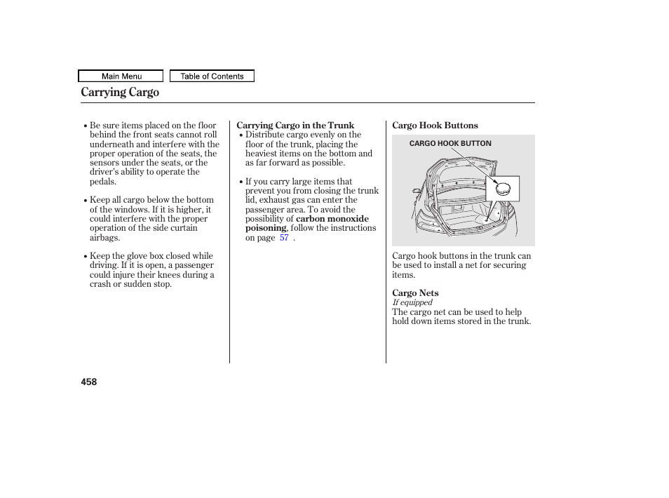 Cargo hooks, Carrying cargo | Acura 2010 TL User Manual | Page 461 / 612