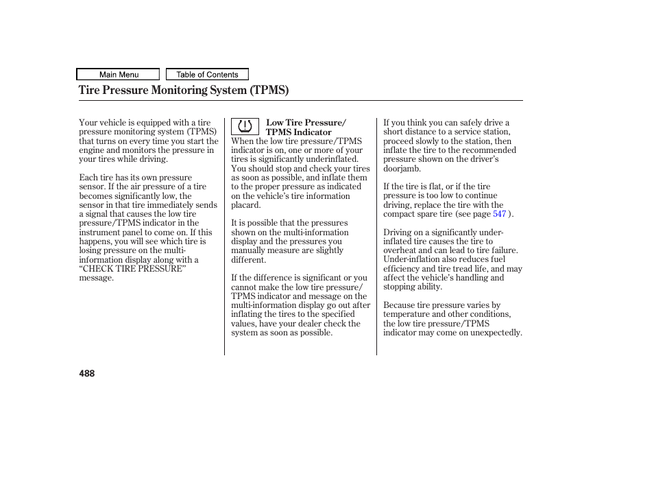 Tire pressure monitoring system (tpms) | Acura 2010 TL User Manual | Page 491 / 612