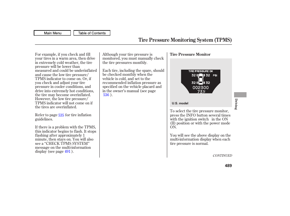Tire pressure monitoring system (tpms) | Acura 2010 TL User Manual | Page 492 / 612