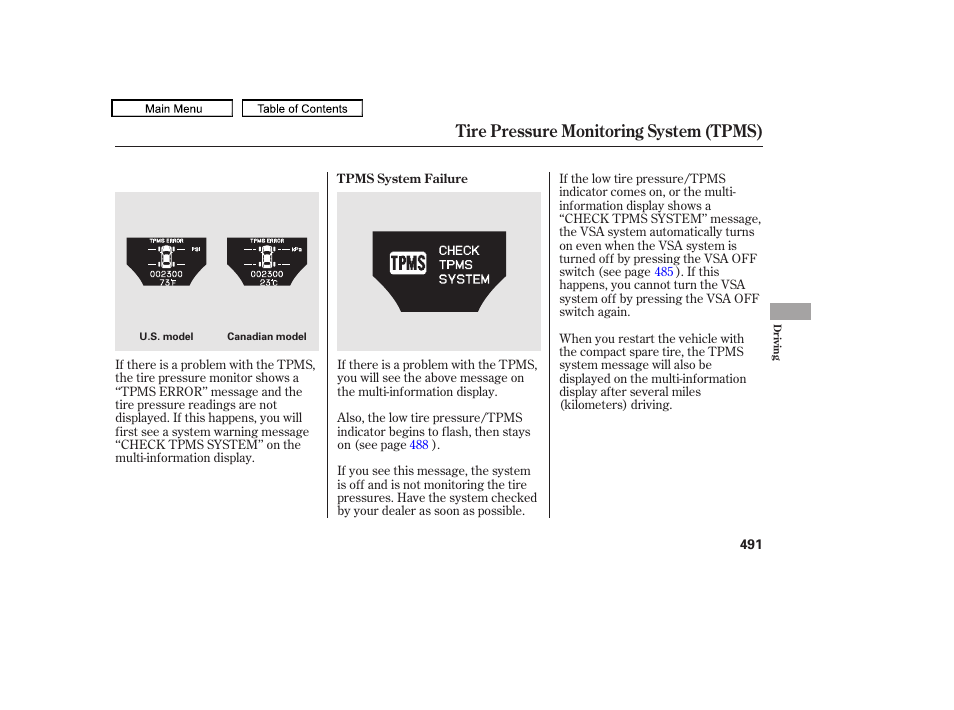 Tire pressure monitoring system (tpms) | Acura 2010 TL User Manual | Page 494 / 612