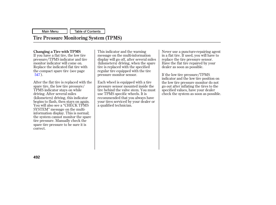 Tire pressure monitoring system (tpms) | Acura 2010 TL User Manual | Page 495 / 612