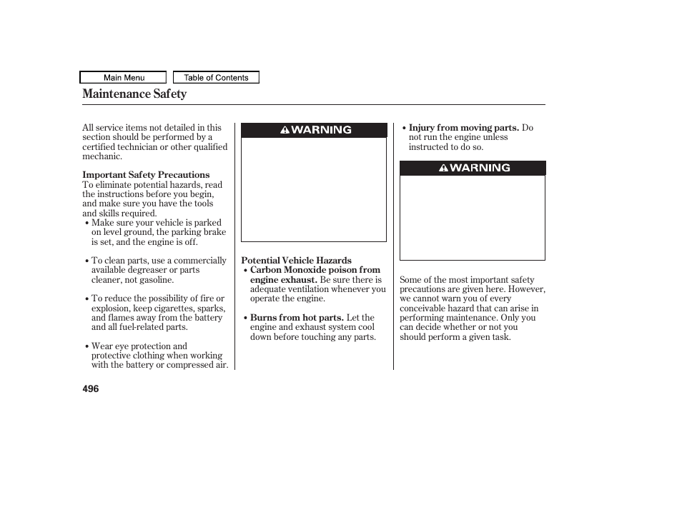 Maintenance safety | Acura 2010 TL User Manual | Page 499 / 612