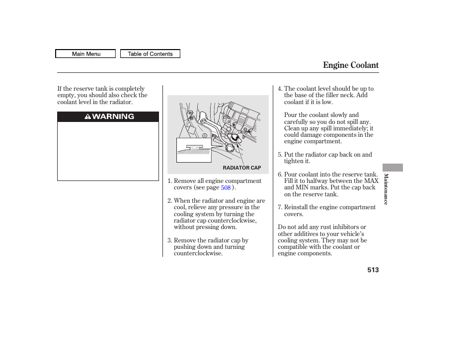 Radiator cap, Engine coolant | Acura 2010 TL User Manual | Page 516 / 612