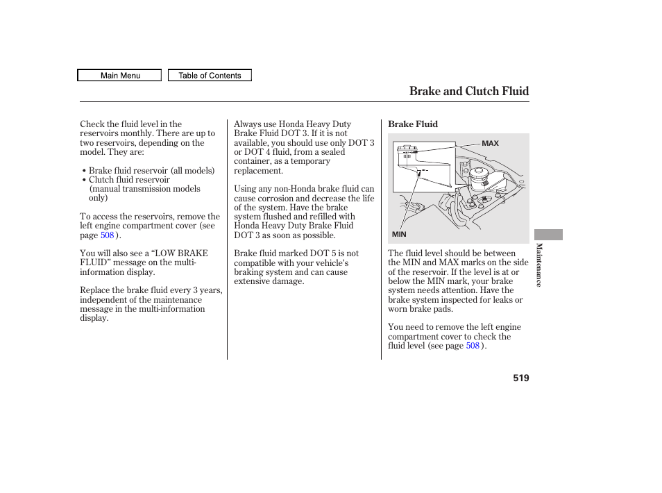 Brake fluid, Brake and clutch fluid | Acura 2010 TL User Manual | Page 522 / 612