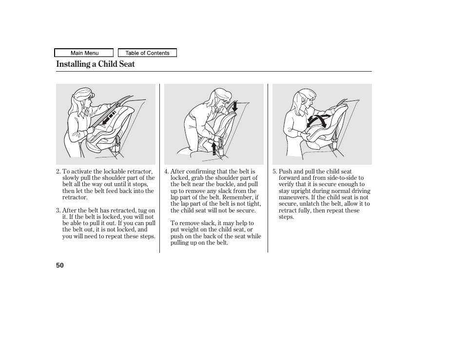 Installing a child seat | Acura 2010 TL User Manual | Page 53 / 612