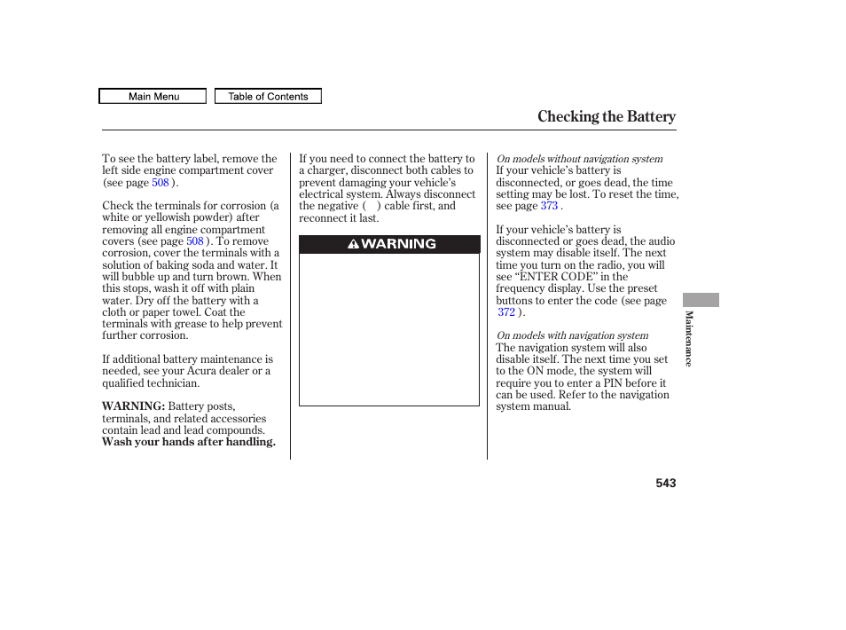 Checking the battery | Acura 2010 TL User Manual | Page 546 / 612