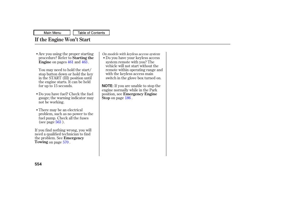 If the engine won’t start | Acura 2010 TL User Manual | Page 557 / 612