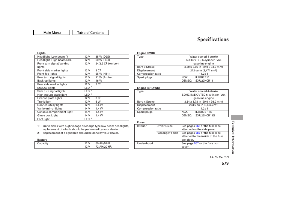 Specifications, 2010 tl | Acura 2010 TL User Manual | Page 582 / 612