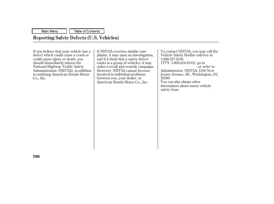 Reporting safety defects (u.s. vehicles) | Acura 2010 TL User Manual | Page 599 / 612