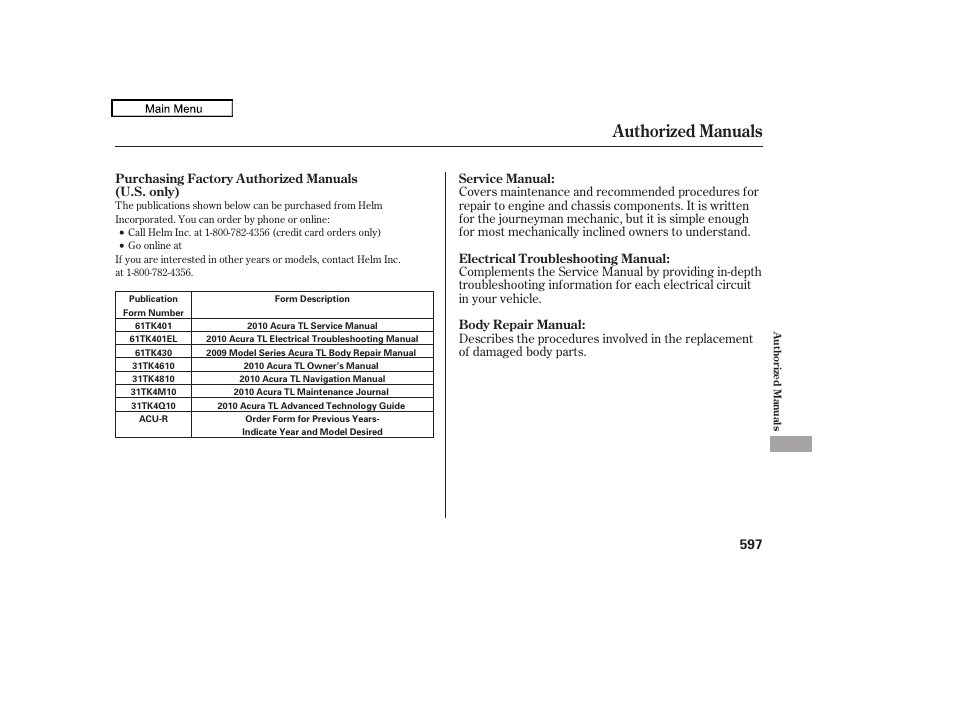 Authorized manuals, 2010 tl | Acura 2010 TL User Manual | Page 600 / 612