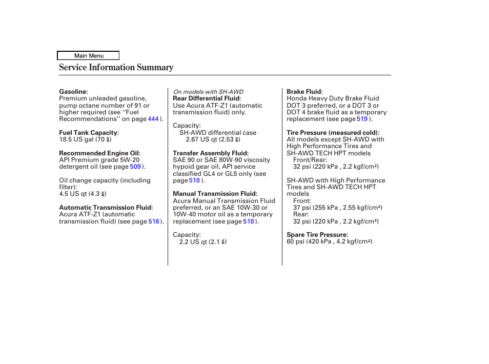 Service inf ormation summary, Service information summary | Acura 2010 TL User Manual | Page 611 / 612