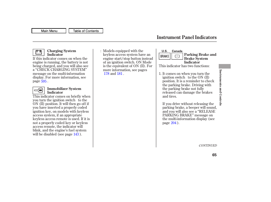 Instrument panel indicators, 2010 tl | Acura 2010 TL User Manual | Page 68 / 612