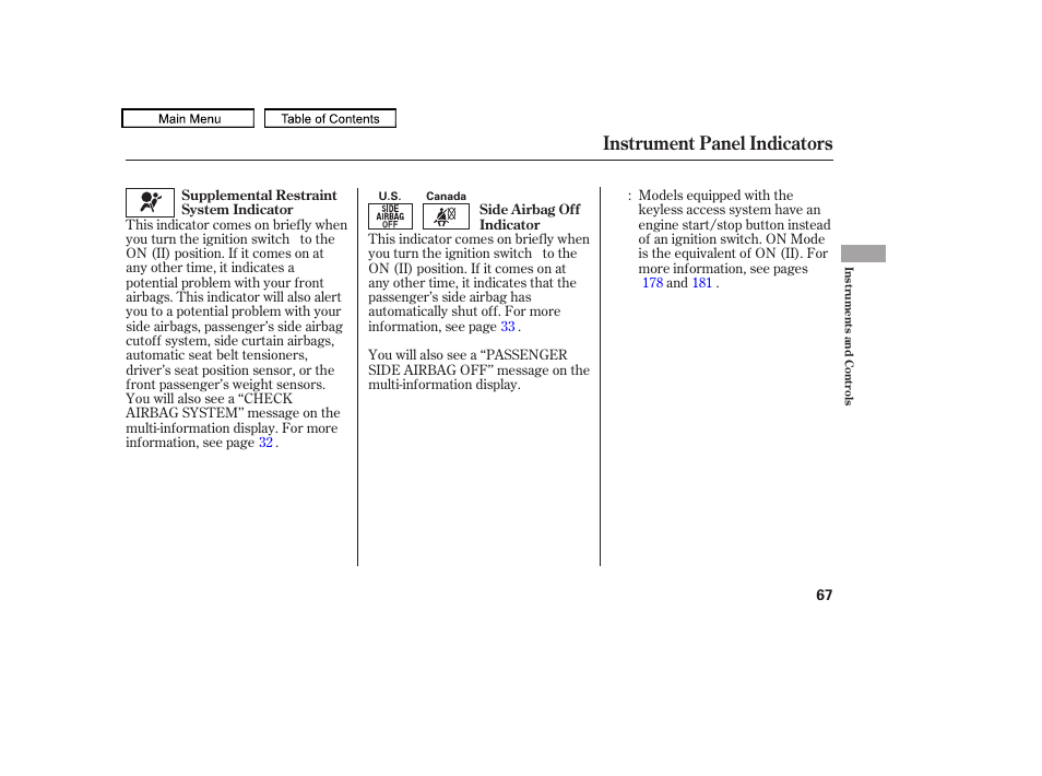 Instrument panel indicators, 2010 tl | Acura 2010 TL User Manual | Page 70 / 612