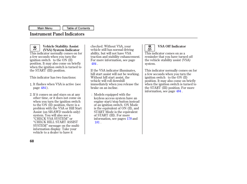 Instrument panel indicators | Acura 2010 TL User Manual | Page 71 / 612