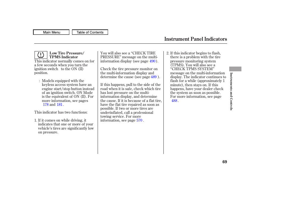 Instrument panel indicators | Acura 2010 TL User Manual | Page 72 / 612