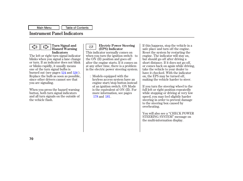 Instrument panel indicators | Acura 2010 TL User Manual | Page 73 / 612