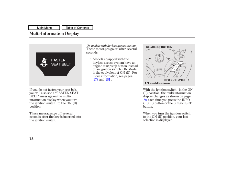 Multi-information display | Acura 2010 TL User Manual | Page 81 / 612