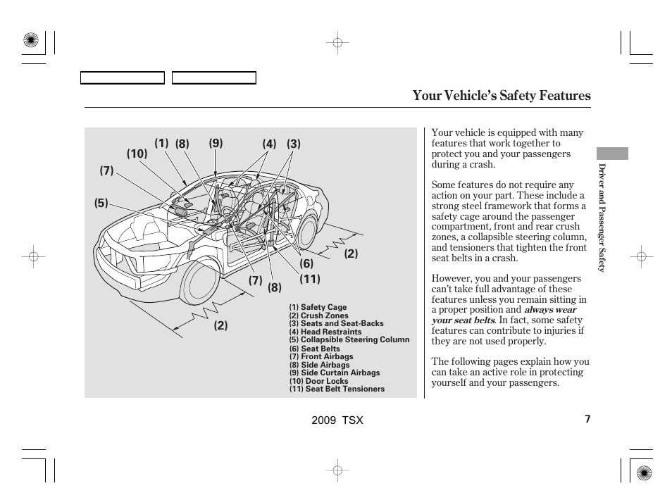 Your vehicle’s safety features | Acura 2009 TSX User Manual | Page 10 / 524