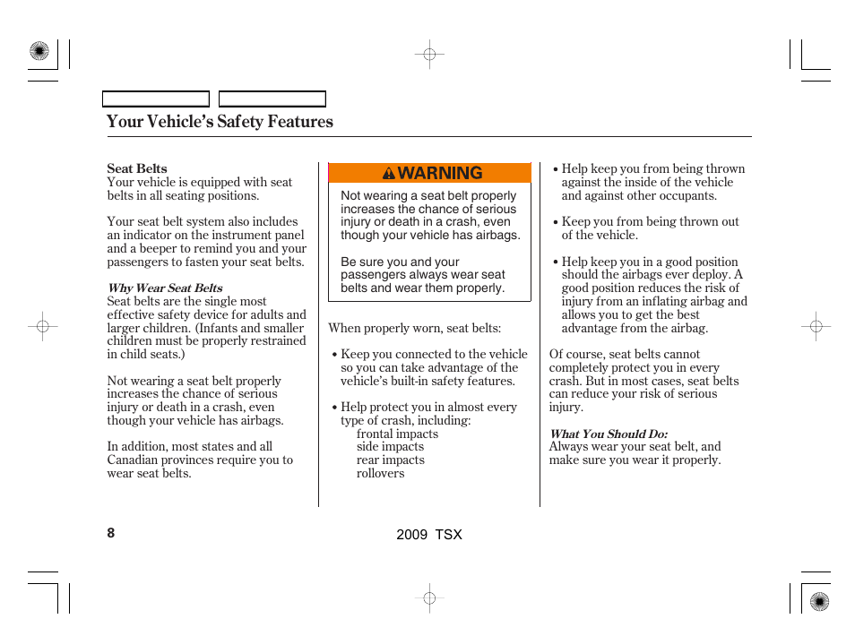 Your vehicle’s safety features | Acura 2009 TSX User Manual | Page 11 / 524