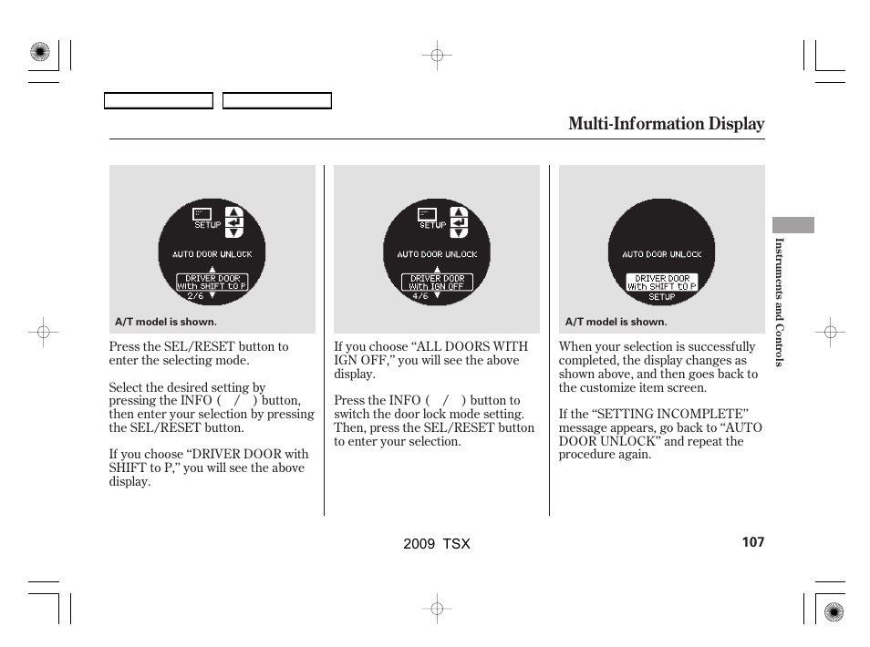 Multi-information display | Acura 2009 TSX User Manual | Page 110 / 524
