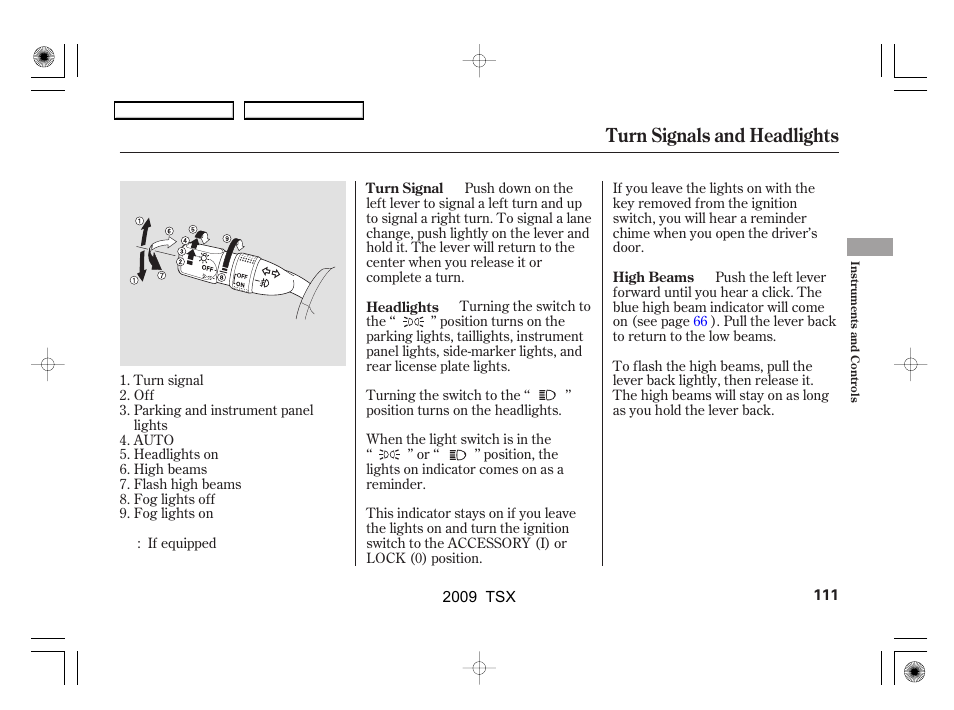 Turn signals and headlights | Acura 2009 TSX User Manual | Page 114 / 524