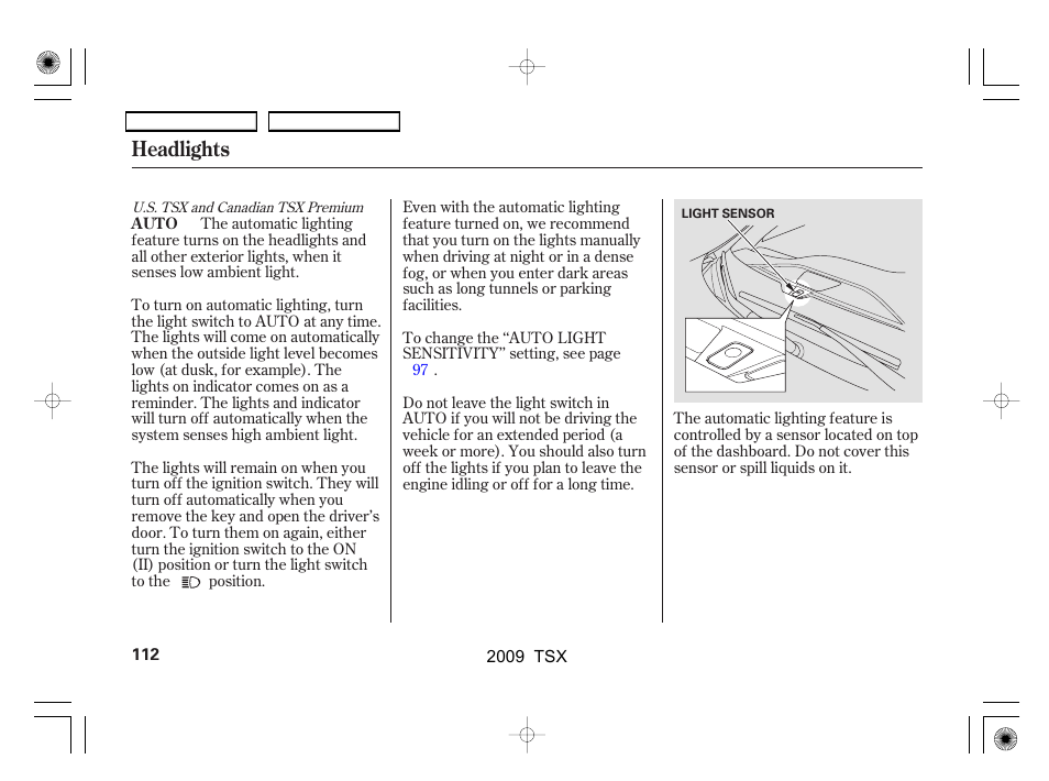 Headlights | Acura 2009 TSX User Manual | Page 115 / 524