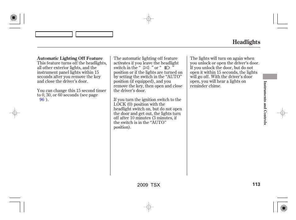 Headlights | Acura 2009 TSX User Manual | Page 116 / 524