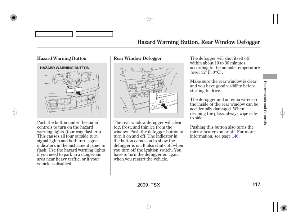 Hazard warning button, rear window defogger | Acura 2009 TSX User Manual | Page 120 / 524