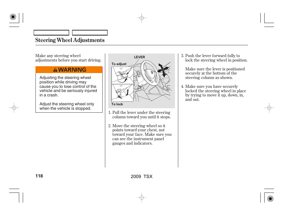 Steering wheel adjustments | Acura 2009 TSX User Manual | Page 121 / 524