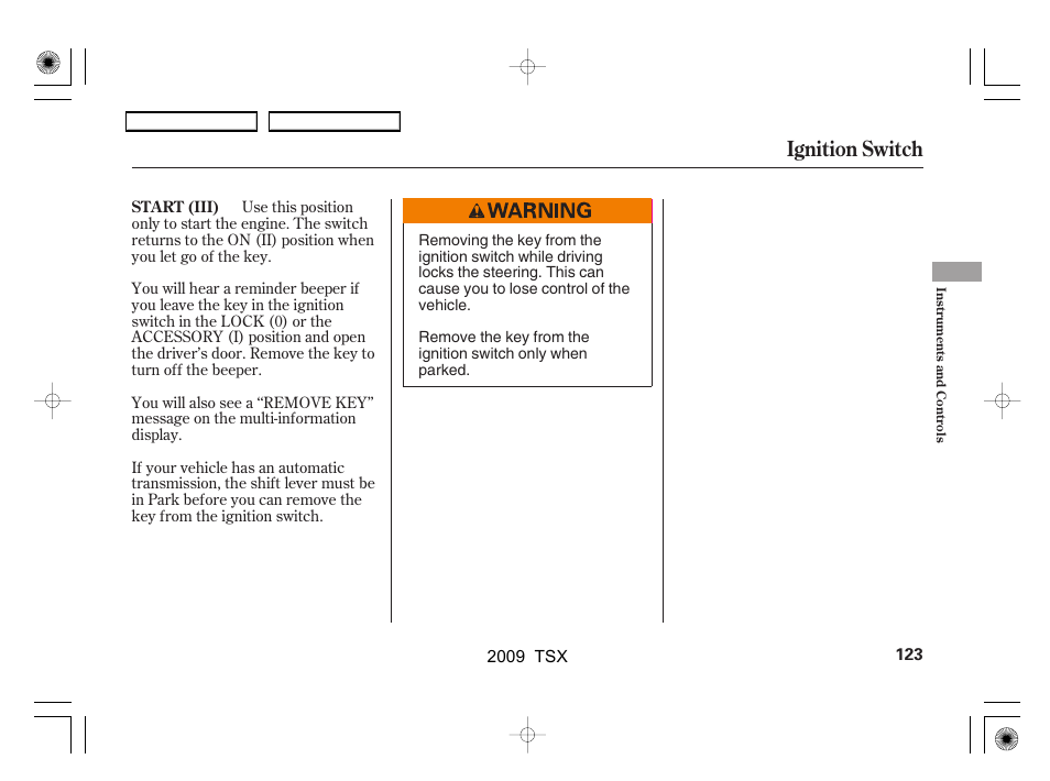 Ignition switch | Acura 2009 TSX User Manual | Page 126 / 524
