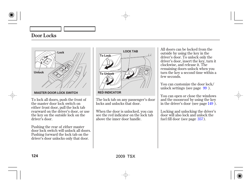 Door locks | Acura 2009 TSX User Manual | Page 127 / 524