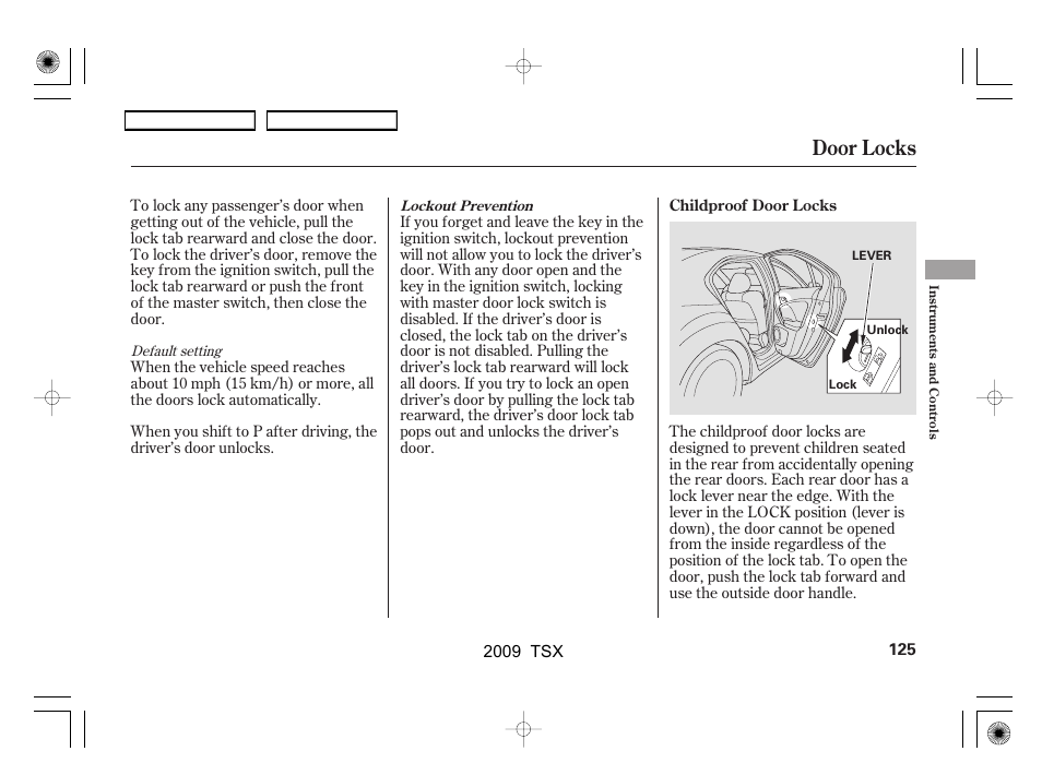 Door locks | Acura 2009 TSX User Manual | Page 128 / 524