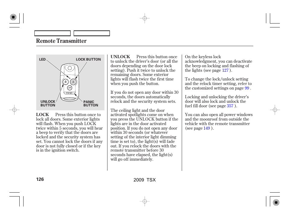 Remote transmitter | Acura 2009 TSX User Manual | Page 129 / 524