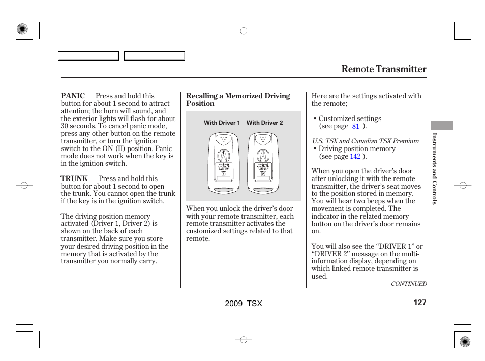 Remote transmitter | Acura 2009 TSX User Manual | Page 130 / 524