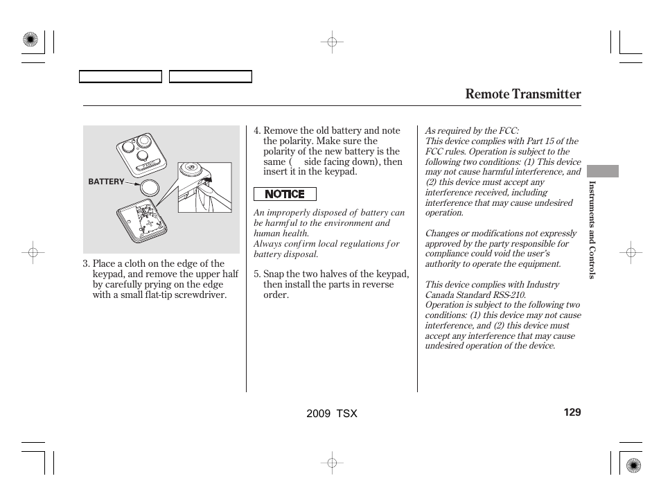 Remote transmitter | Acura 2009 TSX User Manual | Page 132 / 524