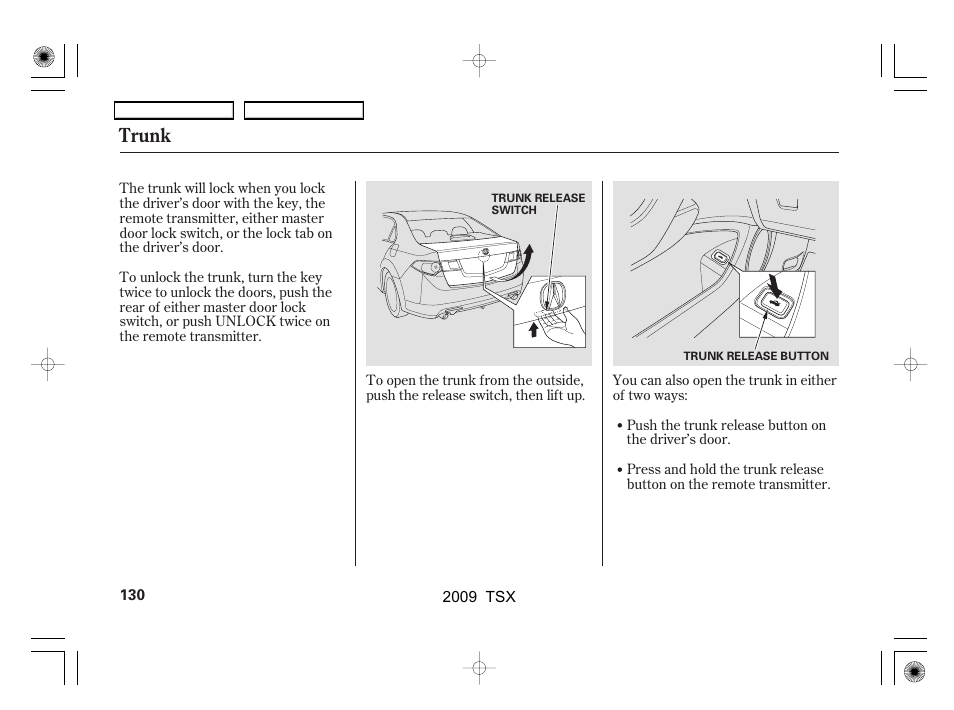 Trunk | Acura 2009 TSX User Manual | Page 133 / 524