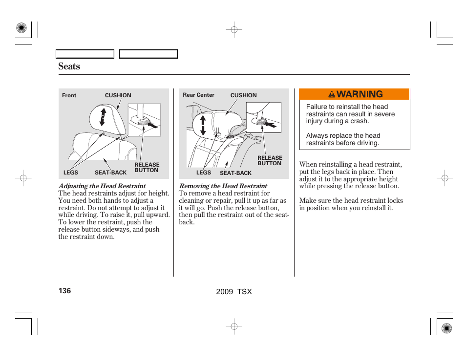 Seats | Acura 2009 TSX User Manual | Page 139 / 524