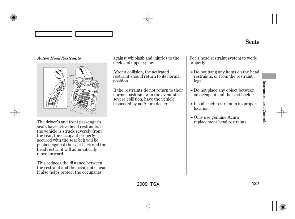 Seats | Acura 2009 TSX User Manual | Page 140 / 524