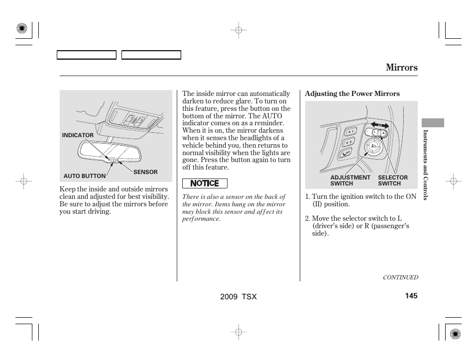 Mirrors | Acura 2009 TSX User Manual | Page 148 / 524