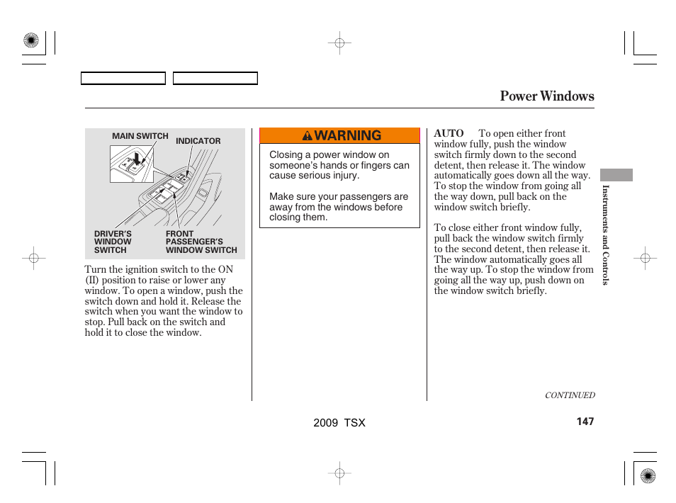 Power windows | Acura 2009 TSX User Manual | Page 150 / 524