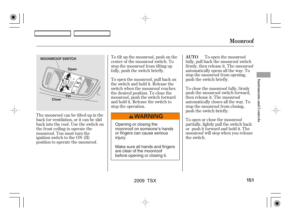 Moonroof | Acura 2009 TSX User Manual | Page 154 / 524