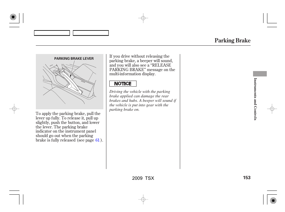 Parking brake | Acura 2009 TSX User Manual | Page 156 / 524